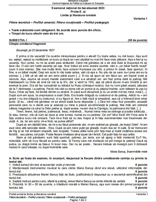 Baremul de corectare pentru proba de Limba română de la Bacalaureat 2023, sesiunea de toamnă, publicat oficial pe edu.ro 852412