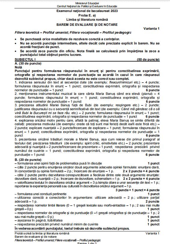 Baremul de corectare pentru proba de Limba română de la Bacalaureat 2023, sesiunea de toamnă, publicat oficial pe edu.ro 852427