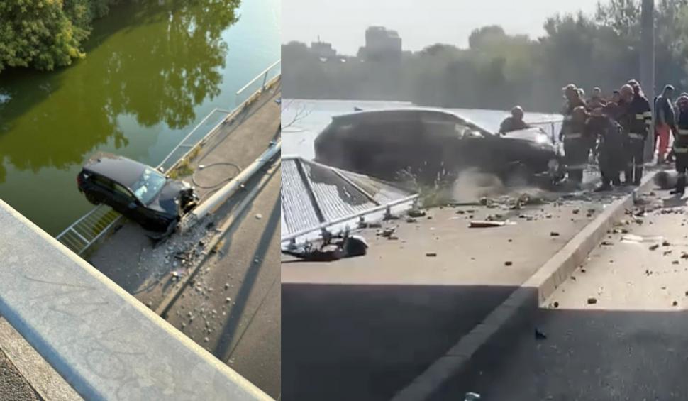 Accident grav în București. O mașină a intrat într-un stâlp de iluminat și a rămas suspendată deasupra lacului Străulești