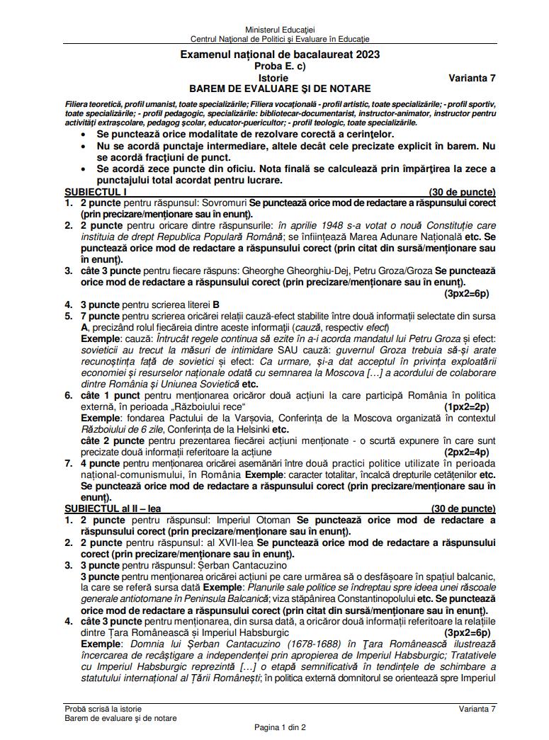 Baremul de corectare pentru proba de Istorie de la Bacalaureat 2023, sesiunea de toamnă, publicat oficial pe edu.ro 852656