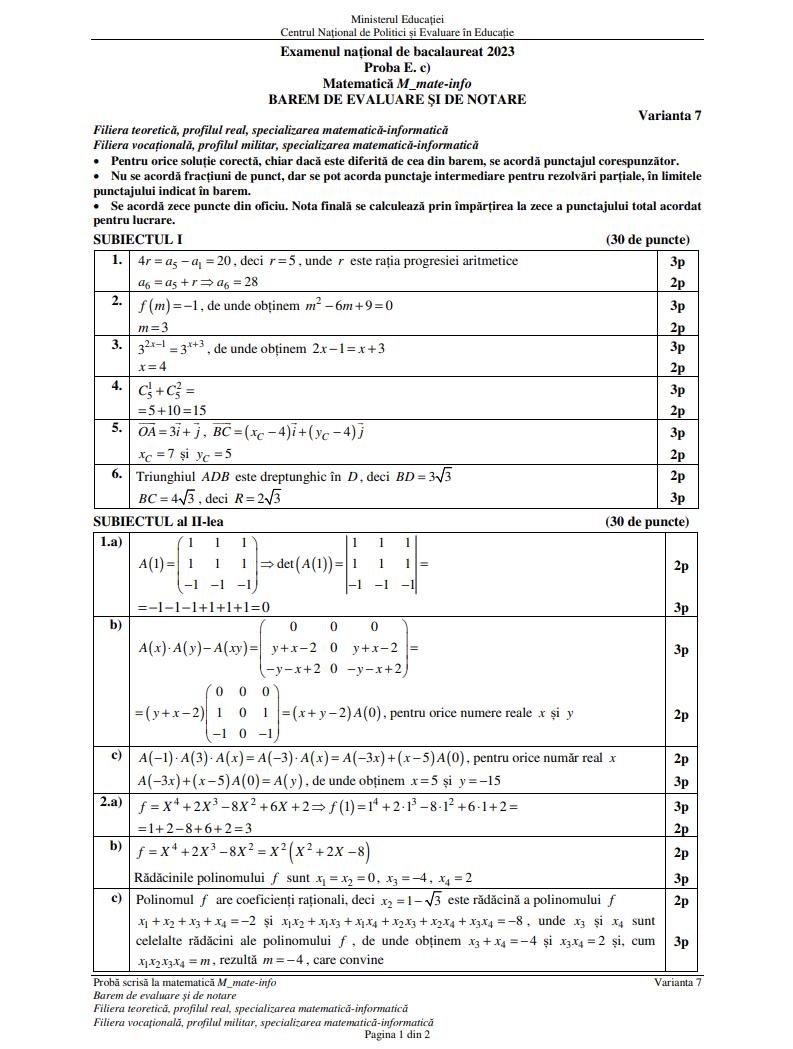 Baremul de corectare pentru proba la Matematică de la Bacalaureat 2023, sesiunea de toamnă, publicat oficial pe edu.ro 852649