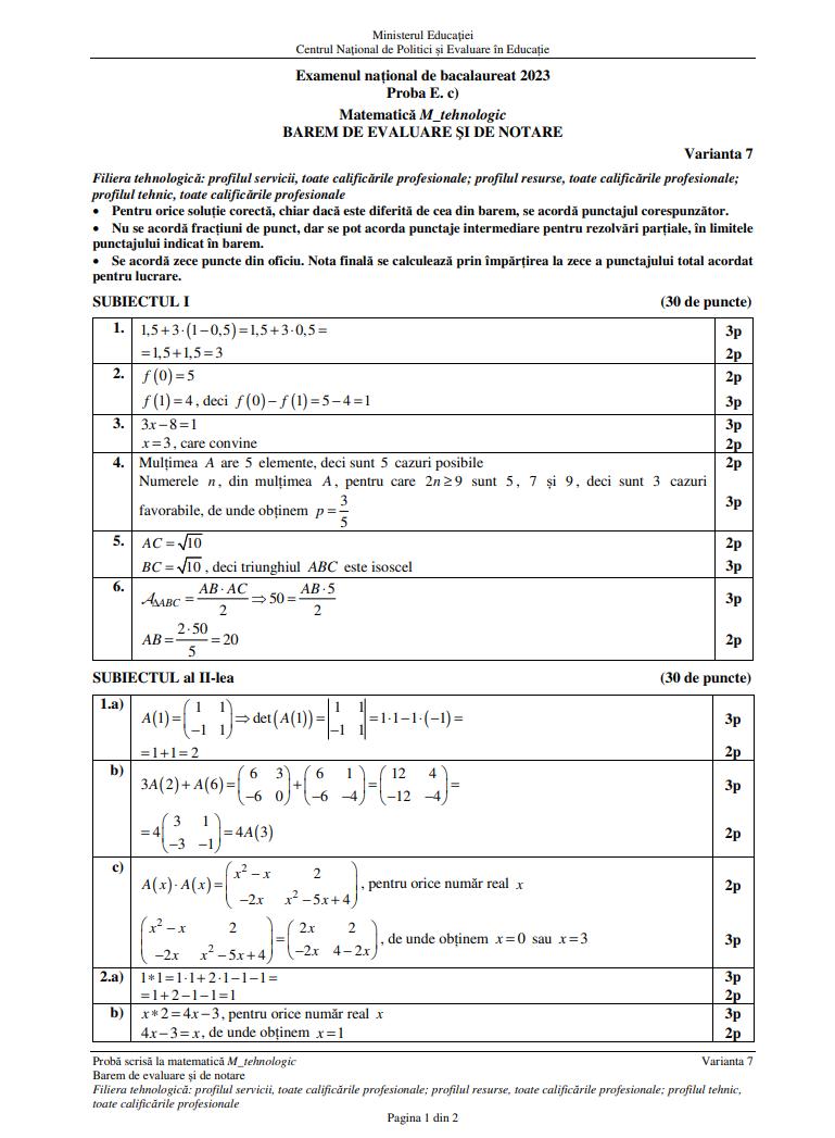 Baremul de corectare pentru proba la Matematică de la Bacalaureat 2023, sesiunea de toamnă, publicat oficial pe edu.ro 852653