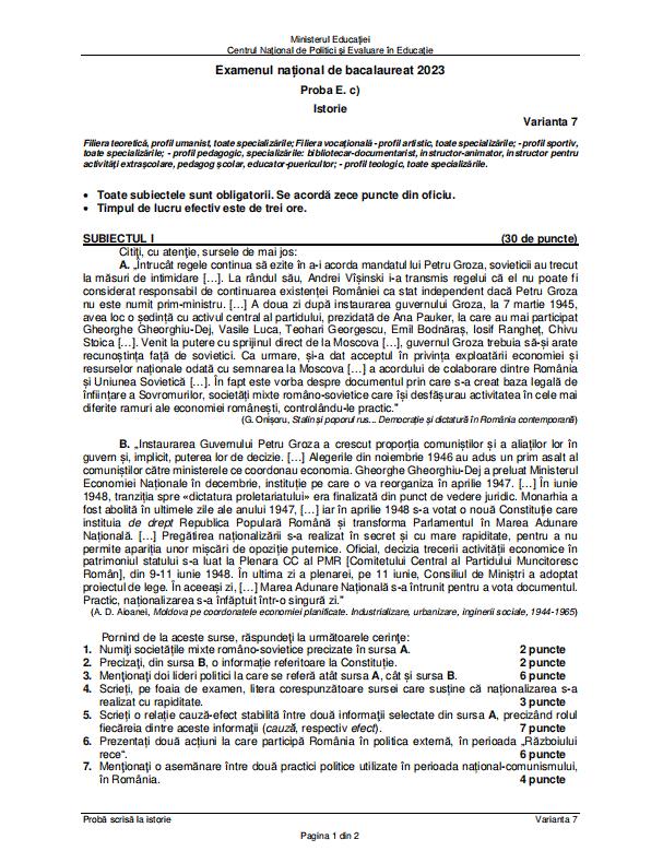 Subiectele la Istorie de la Bacalaureat 2023, sesiunea de toamnă, au fost publicate pe edu.ro 852647