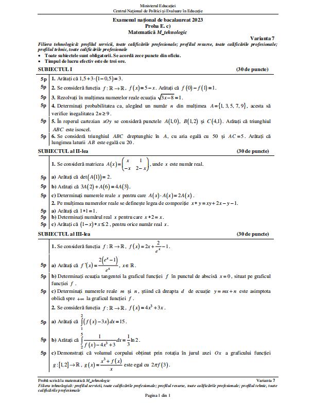 Subiectele la Matematică, profil tehnologic, de la Bacalaureat 2023, sesiunea de toamnă, au fost publicate 852655