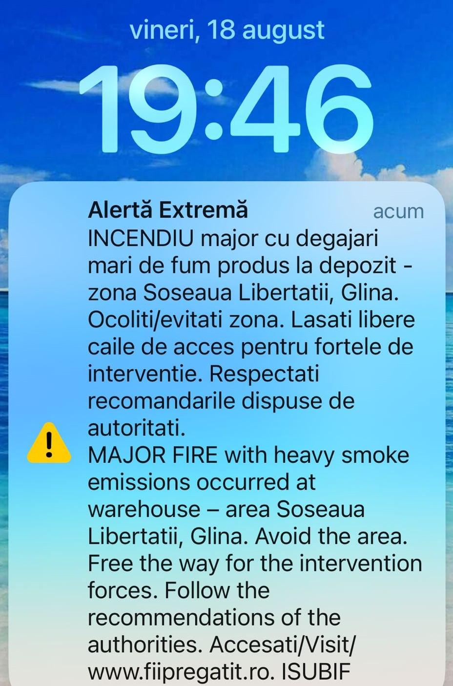Incendiu de proporții la un depozit din localitatea Glina. A fost emis mesaj RoAlert 852900
