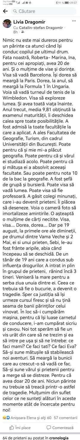 "Noi tot sperăm sã fie un vis urât din care să ne trezim şi ea să intre pe uşă" Mesajul sfâşietor al mamei Robertei, fata ucisă de şoferul drogat în accidentul de la 2 Mai 853329