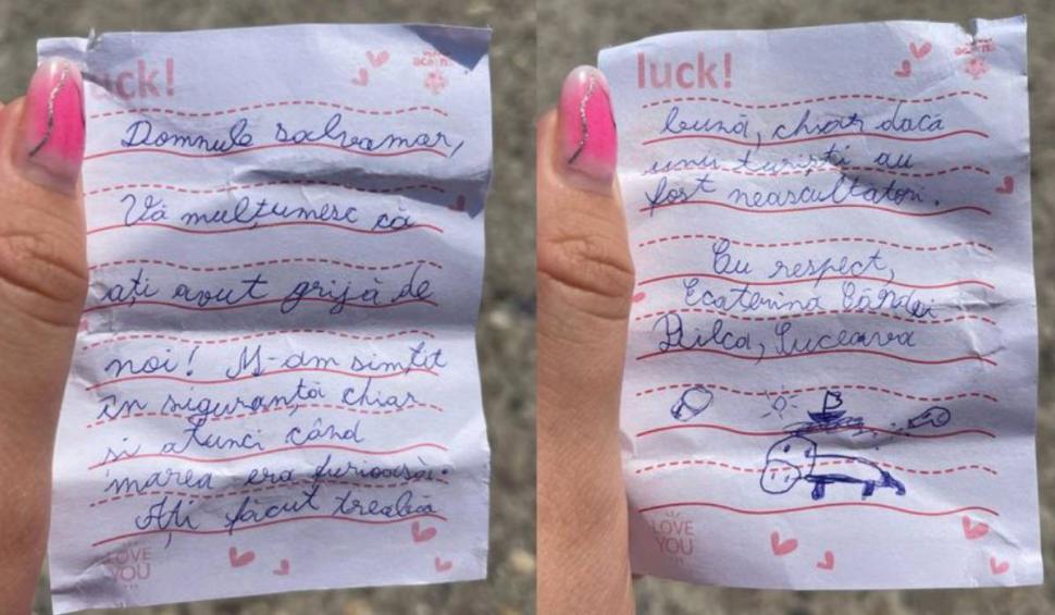 Bilețelul înduioșător pe care o fetiță i l-a dat unui salvamar. Bărbatului i-au dat lacrimile: "Vă mulțumesc că ați avut grijă de noi!" 854415