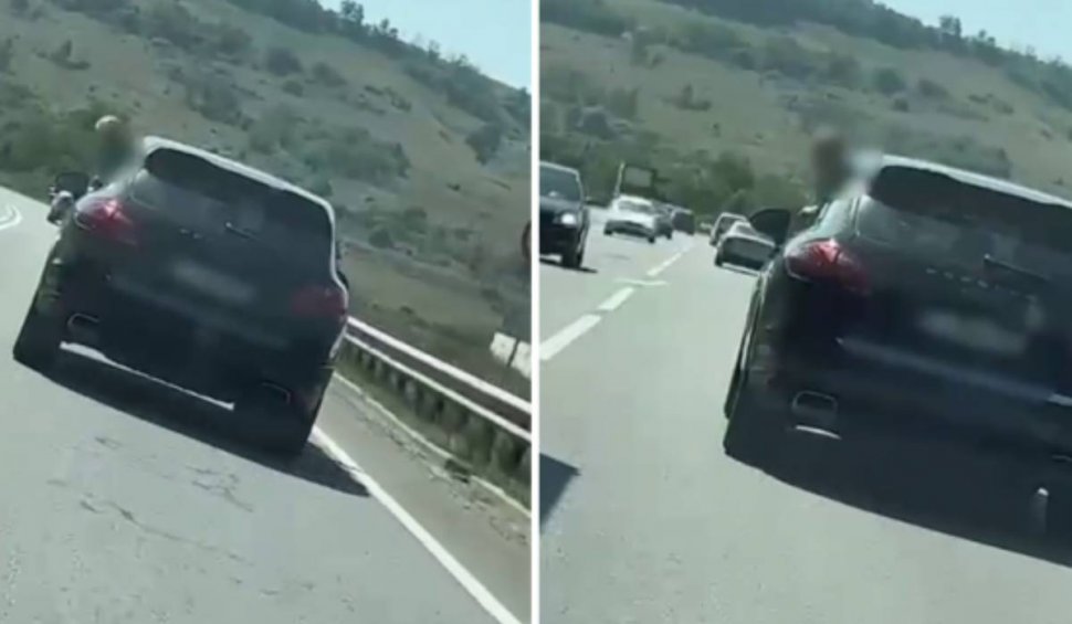 Moment înfiorător pe șosea! Un copil a ieșit pe geamul mașinii în timp ce tatăl lui conducea cu 90 km/h