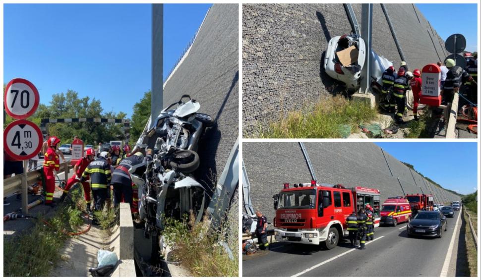 Un şofer a ajuns cu maşina pe zidul de susţinere al autostrăzii A1. Bărbatul a rămas blocat între fiare 854853