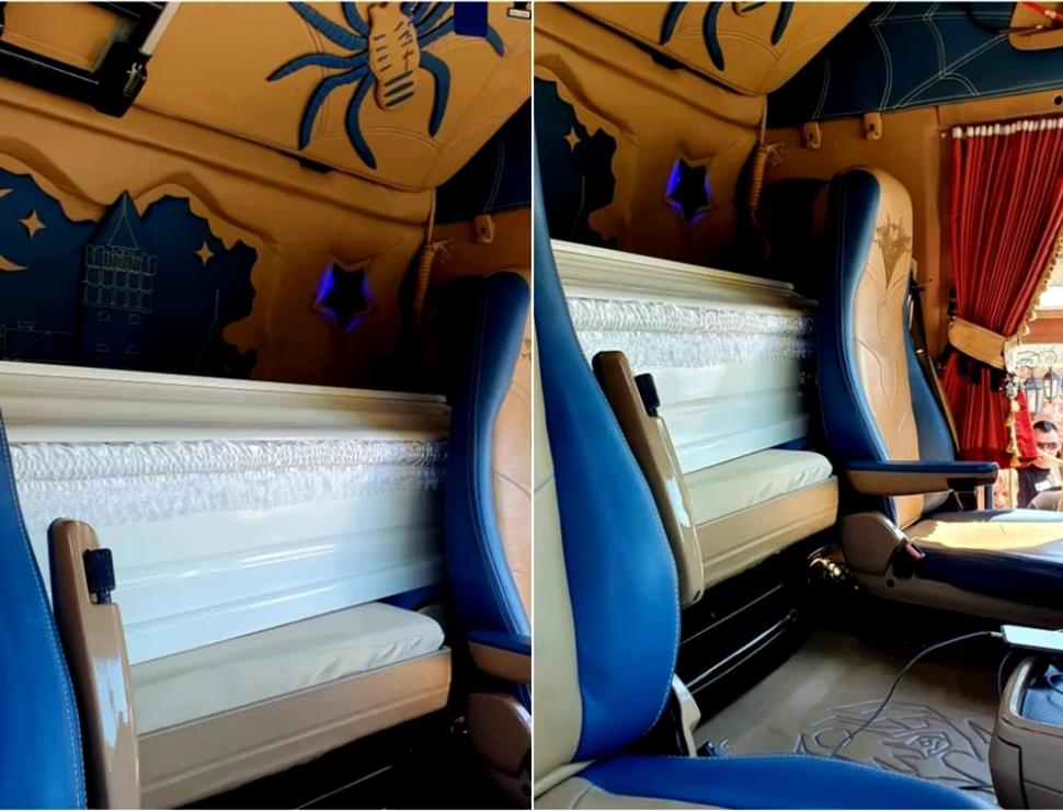 Imagini de senzaţie cu tirul Dracula, "tunat" cu 70.000 de euro de un şofer român. În loc de pat are un sicriu alb 856276