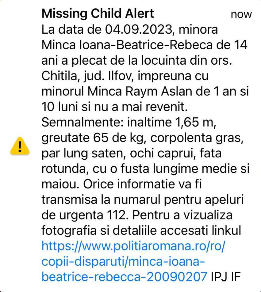 Mesaj Ro-Alert! O fată de 14 ani şi un copil de doi ani, dispăruți din Chitila. Dacă o vedeţi, sunaţi la 112! 856407