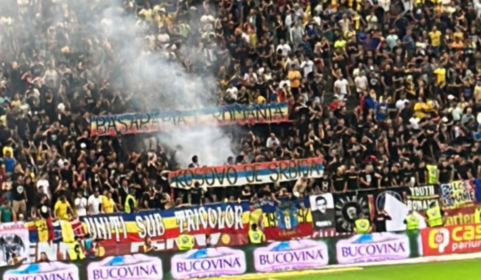 Meciul România - Kosovo, întrerupt din cauza unui banner cu tentă politică. Federația Română de Fotbal riscă o nouă sancțiune din partea UEFA