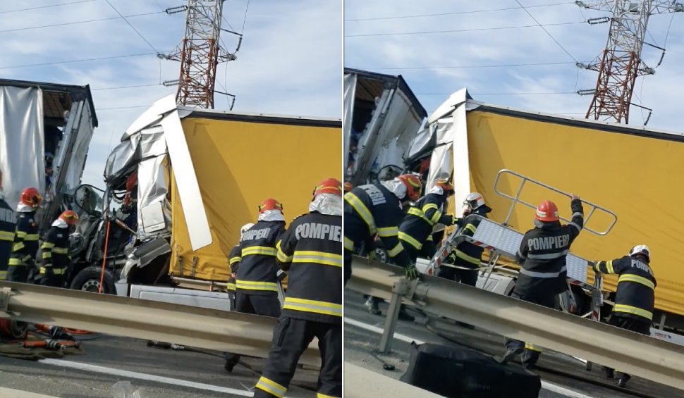 Mașină strivită între două TIR-uri, pe Autostrada A1, la Ciorogârla. Au murit cinci oameni