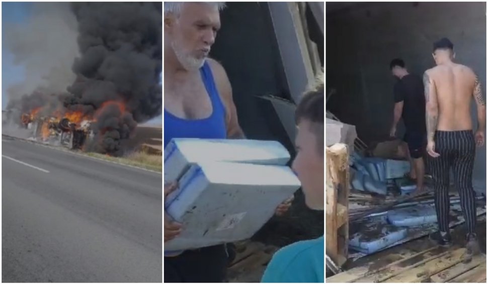 "Hai la caşcaval!" | Un TIR plin cu caşcaval, care a luat foc şi s-a răsturnat, a fost luat cu asalt de localnicii din Mehedinţi