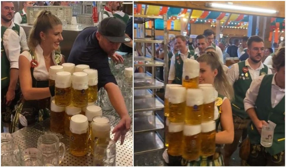 O chelneriță a devenit virală pe internet după ce a fost filmată ridicând 13 halbe cu bere: ”Clienții comandă mai mult doar ca să mă vadă” 
