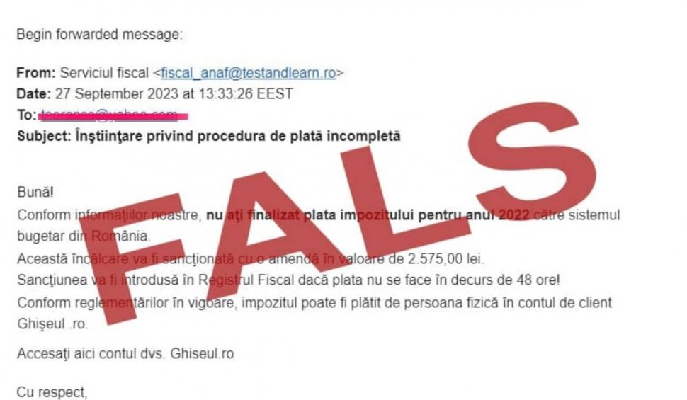 Mesaje false trimise în numele ANAF. Avertisment pentru toți românii care plătesc impozit: "Nu transmiteți banii solicitați!"
