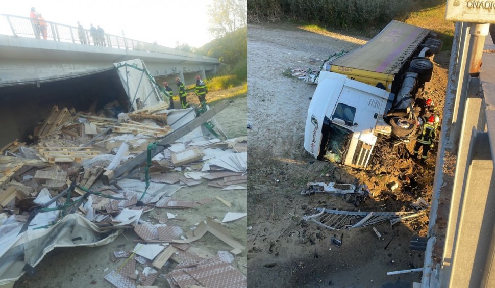 TIR care transporta gresie, căzut de pe un pod, după ce a lovit o betonieră, în Vâlcea