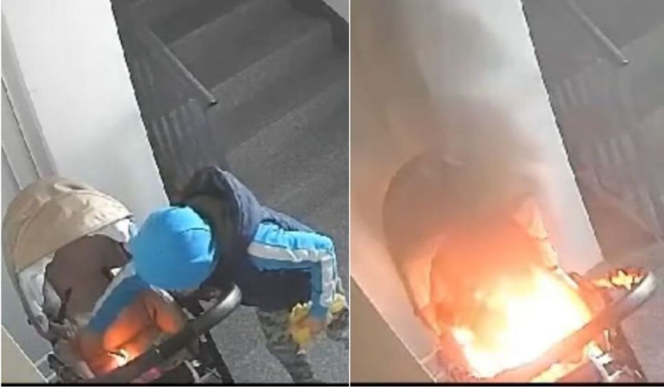 Copil filmat când dă foc unui căruţ şi provoacă un incendiu uriaş într-un bloc din Tecuci