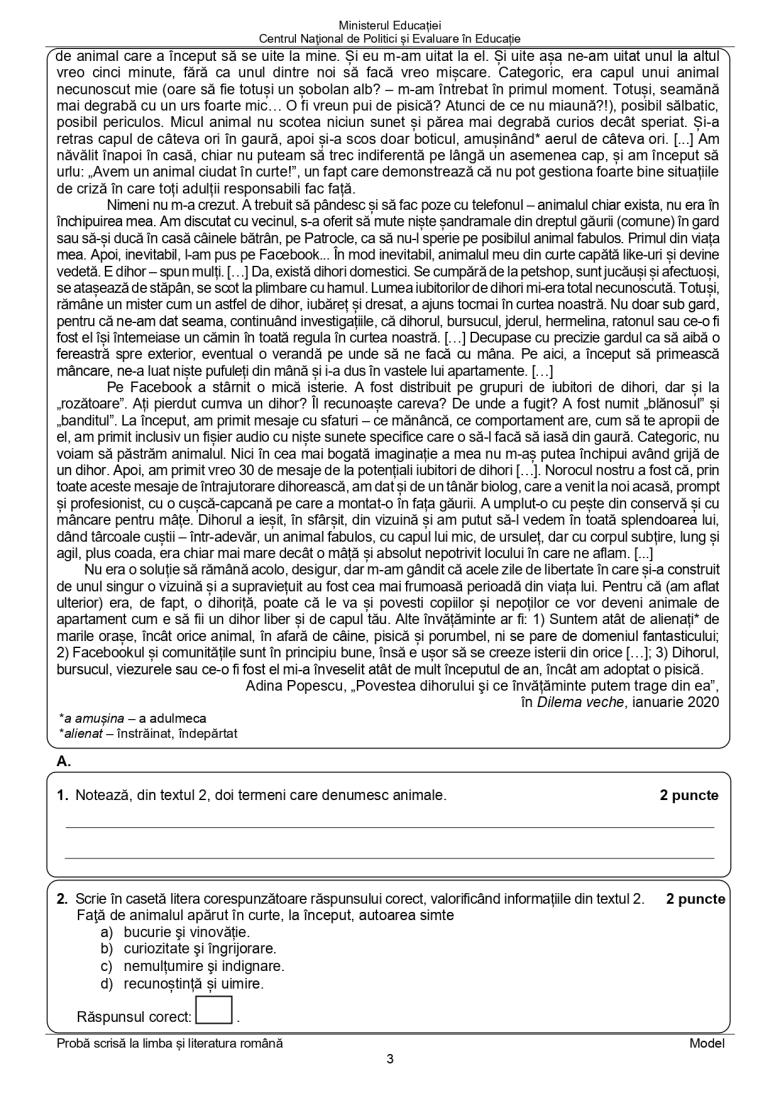 Model de subiect la Limba şi Literatura Română pentru Evaluarea Națională 2024, clasa a VIII-a 866683