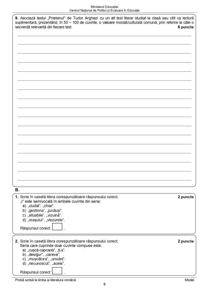 Model de subiect la Limba şi Literatura Română pentru Evaluarea Națională 2024, clasa a VIII-a 866685