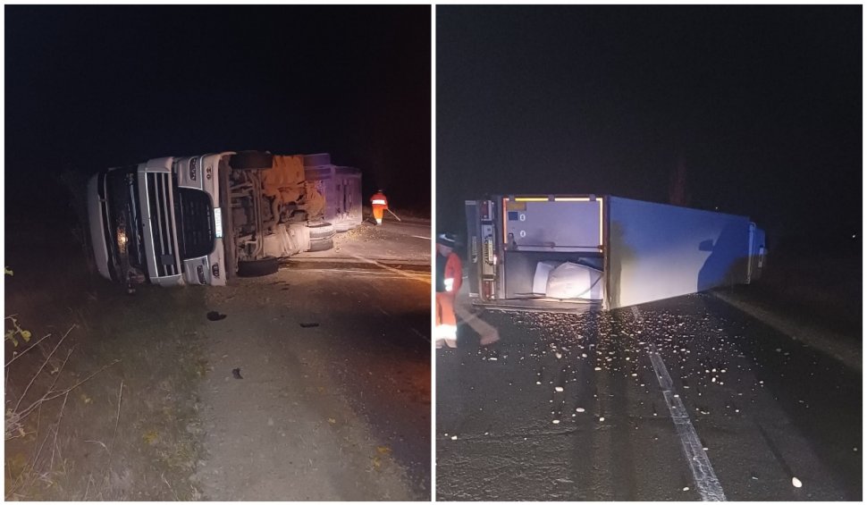 Un șofer ucrainean beat s-a răsturnat cu TIR-ul plin cu cereale pe DN2. Drumul a fost blocat, iar acum se circulă pe un singur sens