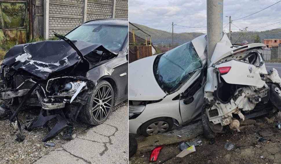 Un şofer începător cu BMW a intrat cu aproape 200 de km/h într-o maşină parcată, care s-a înfăşurat în jurul unui stâlp