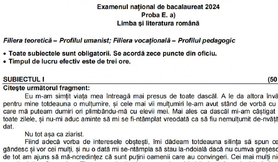 Model de subiect la Limba şi Literatura Română de la Bacalaureat 2024, sesiunea de vară