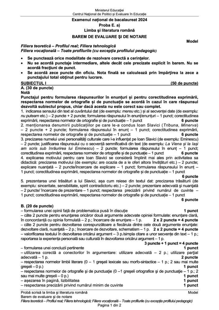 Model de subiect la Limba şi Literatura Română de la Bacalaureat 2024, sesiunea de vară 866750