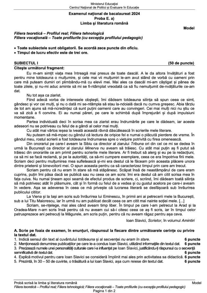 Model de subiect la Limba şi Literatura Română de la Bacalaureat 2024, sesiunea de vară 866751