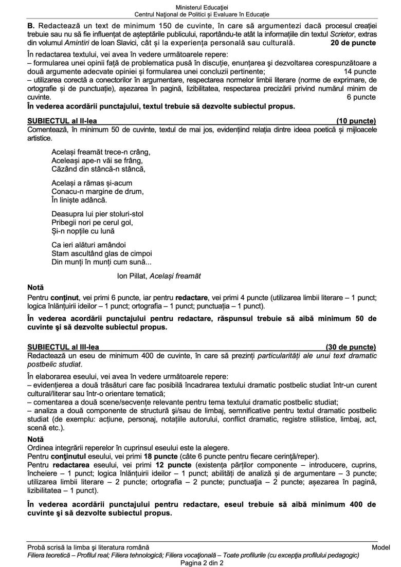 Model de subiect la Limba şi Literatura Română de la Bacalaureat 2024, sesiunea de vară 866753