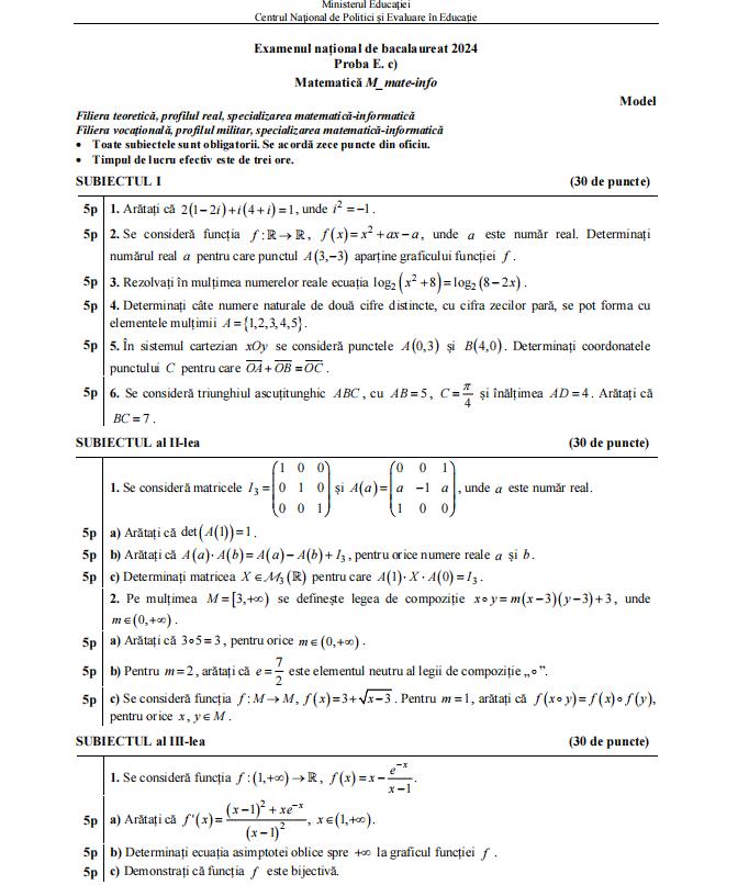 Model de subiect la Matematică de la Bacalaureat 2024, sesiunea de vară 866761