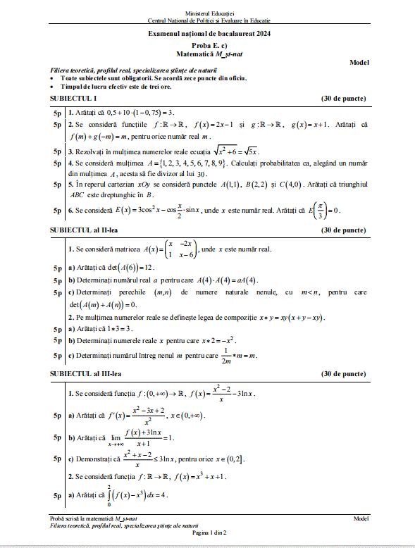 Model de subiect la Matematică de la Bacalaureat 2024, sesiunea de vară 866764
