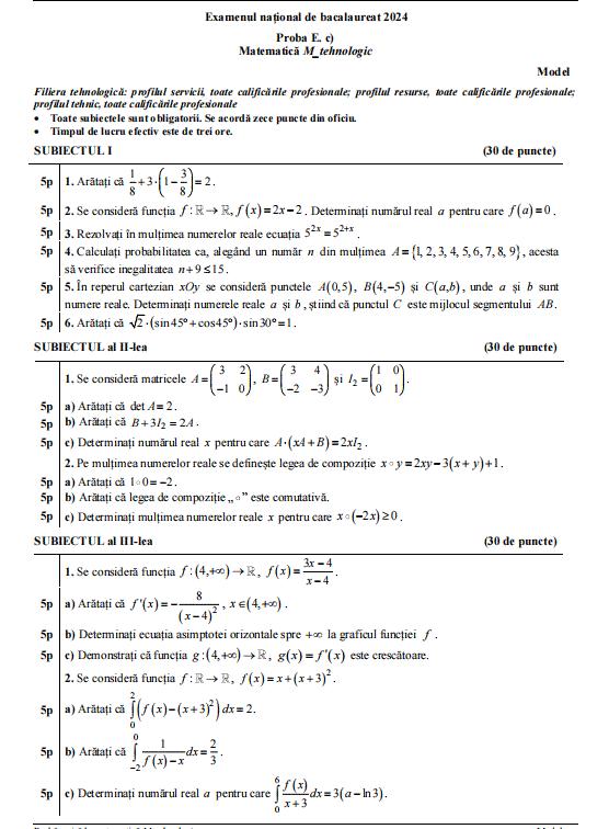 Model de subiect la Matematică de la Bacalaureat 2024, sesiunea de vară 866766