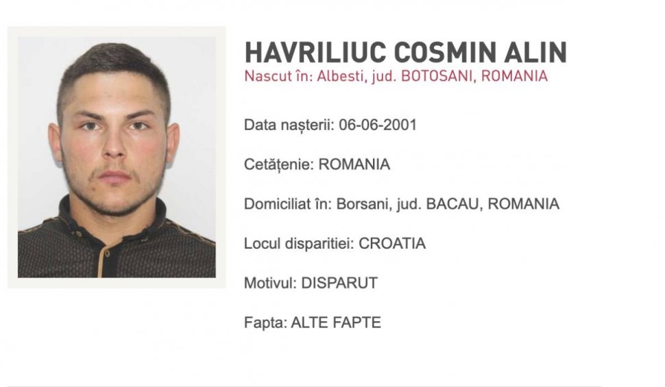 Tânăr din Botoșani, dat dispărut după ce a plecat la muncă în Croația. Familia nu a mai putut lua legătura cu el din 1 noiembrie