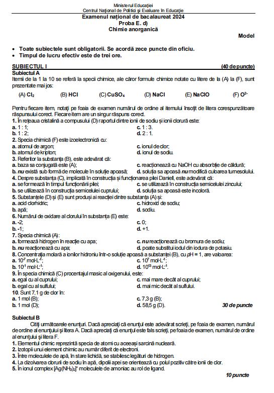 Model de subiect la Chimie de la Bacalaureat 2024, sesiunea de vară 866772