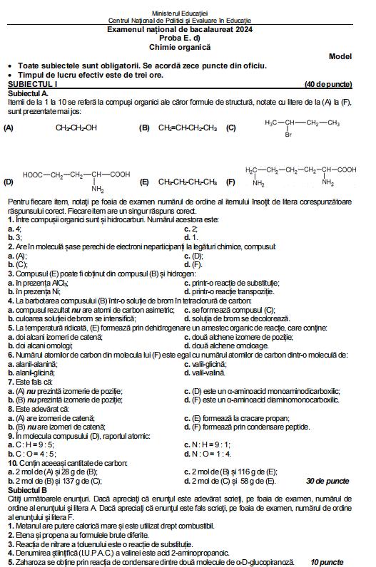 Model de subiect la Chimie de la Bacalaureat 2024, sesiunea de vară 866774