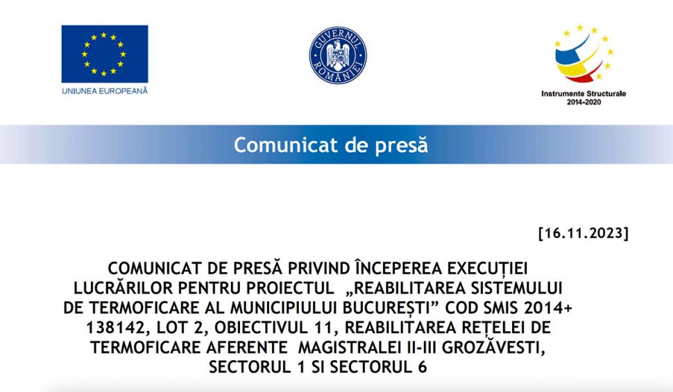 (P) Comunicat de presă privind începerea execuției lucrărilor pentru proiectul "Reabilitarea sistemului de termoficare al municipiului București", cod SMIS 2014+ 138142, lot 2, obiectivul 11, Sectoarele 1 și 6