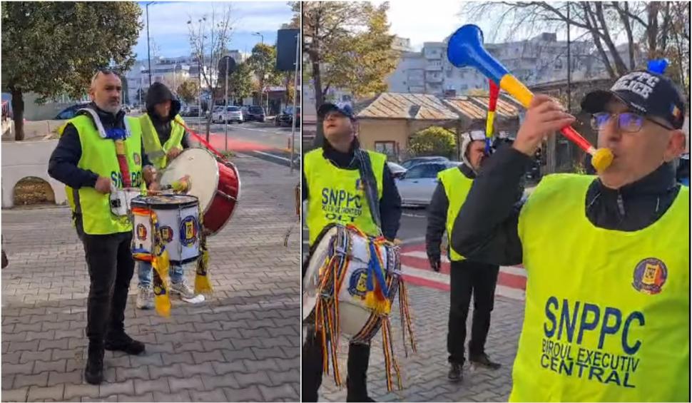 Protest spontan al poliţiştilor, în faţa IPJ Giurgiu. Agenţii s-au "înarmat" cu tobe şi vuvuzele şi îşi strigă nemulţumirile în stradă 870217