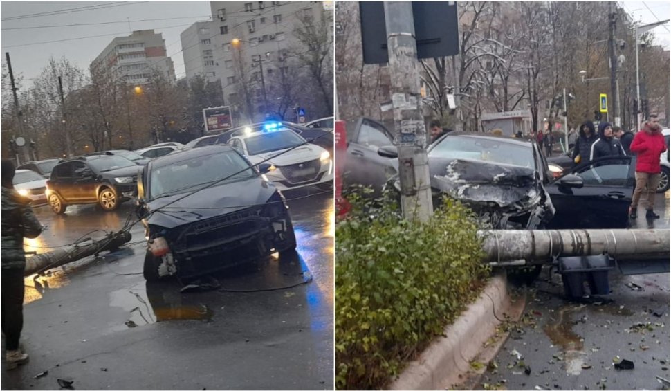 Accident între un Mercedes și un Ford, pe bulevardul Theodor Pallady din București. Circulația mașinilor și tramvaielor este restricționată