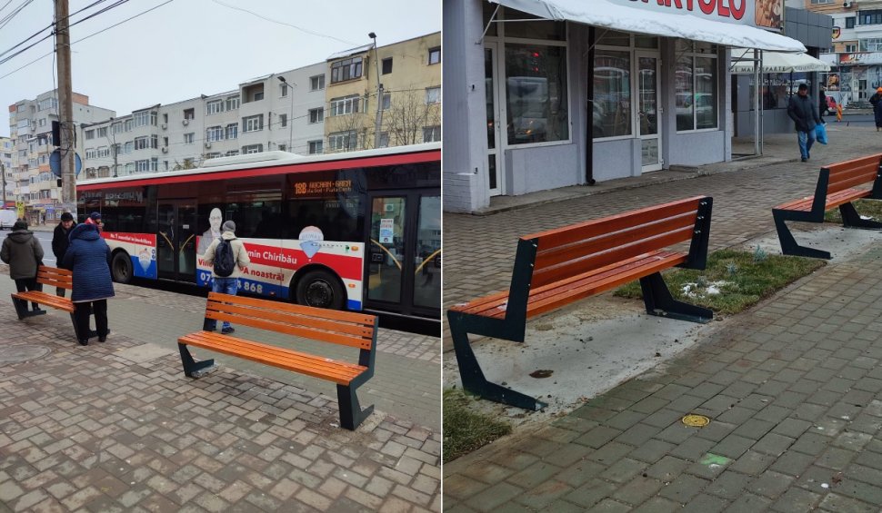 Bănci montate pe dos în stațiile de autobuz din Bacău: "Nu au înțeles că trebuie să aștepte cu spatele la stradă"