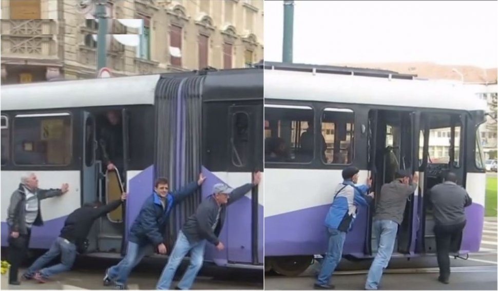 Un tramvai a fost împins de călători, după ce a rămas blocat pe șine, în Timișoara
