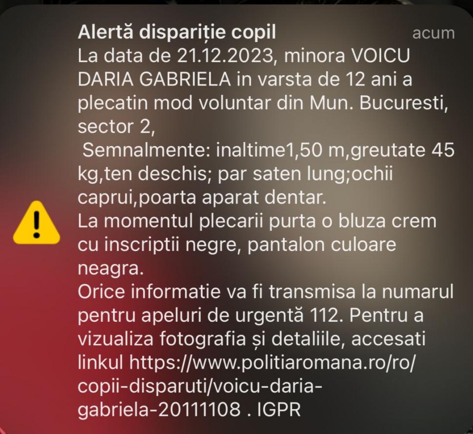 Daria, o fată de 12 ani din București, a fost dată dispărută. Dacă o vedeți, sunați la 112! 876613