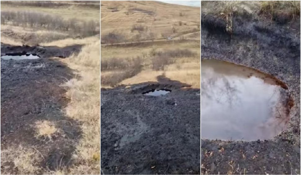 Fenomen straniu și periculos în zona Vulcanilor Noroioși: s-a format o mare pată neagră, vizibilă de pe drum. Suprafața este plină de gropi cu petrol