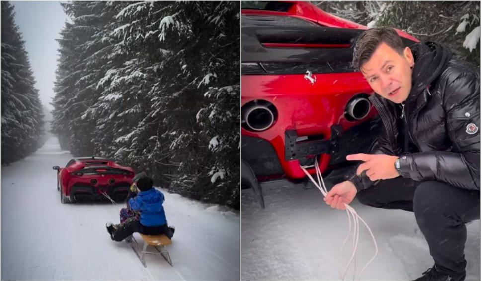 Inconștiență majoră: Un milionar din Cluj s-a filmat în timp ce a tras trei copii cu sania legată de bolidul său 877534