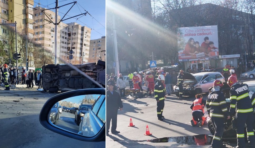 Accident între o ambulanță și două mașini, lângă Mall Plazza, în București! Autospeciala a fost răsturnată pe șosea
