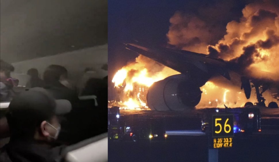 Primele imagini filmate în interiorul avionului aterizat în flăcări pe aeroportul Haneda din Tokyo | La bord se aflau 379 de persoane