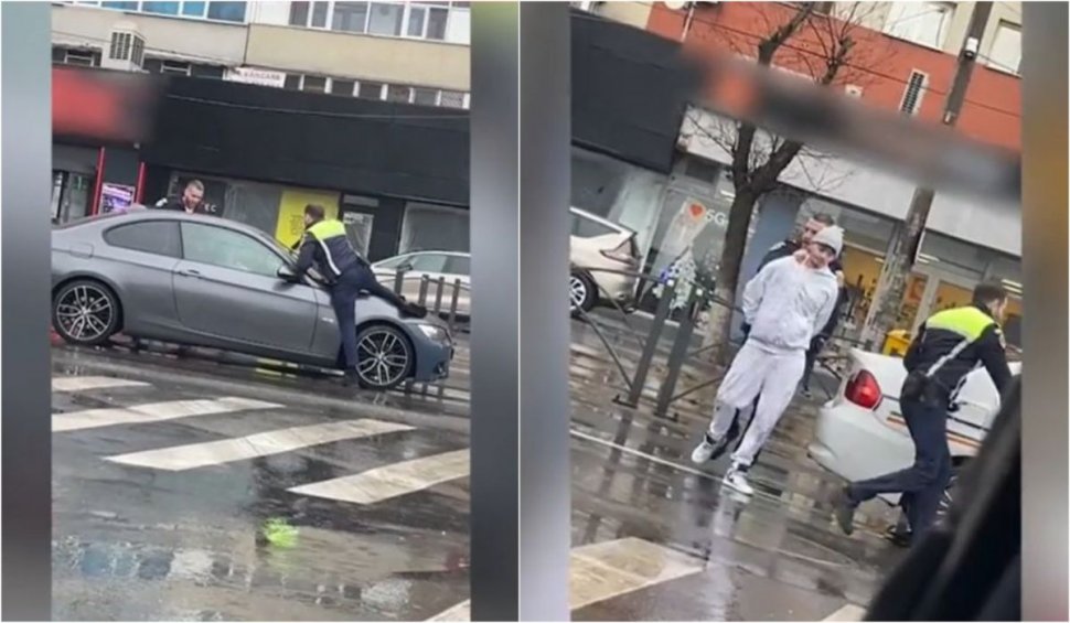 Șofer de 23 de ani cu permisul suspendat şi numere false, blocat și scos cu forța din mașină, după ce nu a oprit la semnalele Poliţiei, în Bucureşti