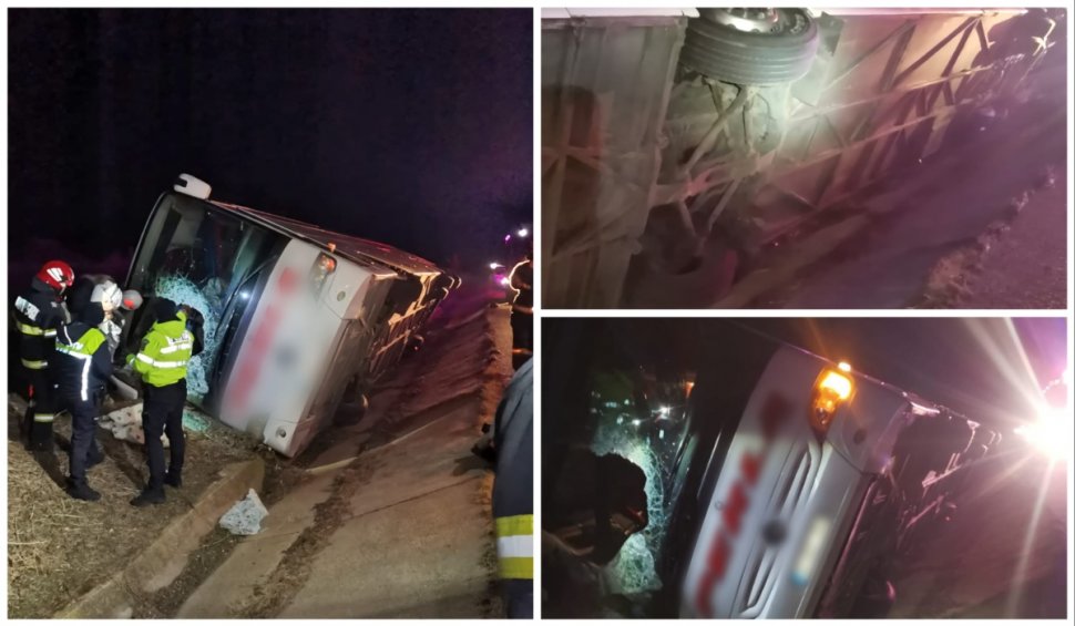 Un autocar a căzut într-un șanț pe marginea DN5, în Giurgiu. Șoferul și pasagerii au rămas blocați