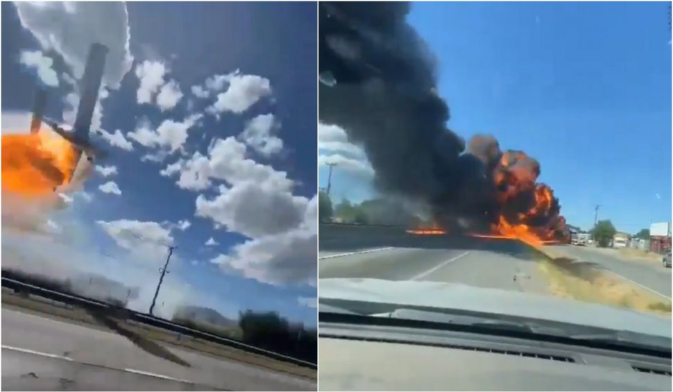 Momentul în care un avion se prăbușește în flăcări, pe o autostradă din Chile. Pilotul a murit, iar alte persoane au fost grav rănite