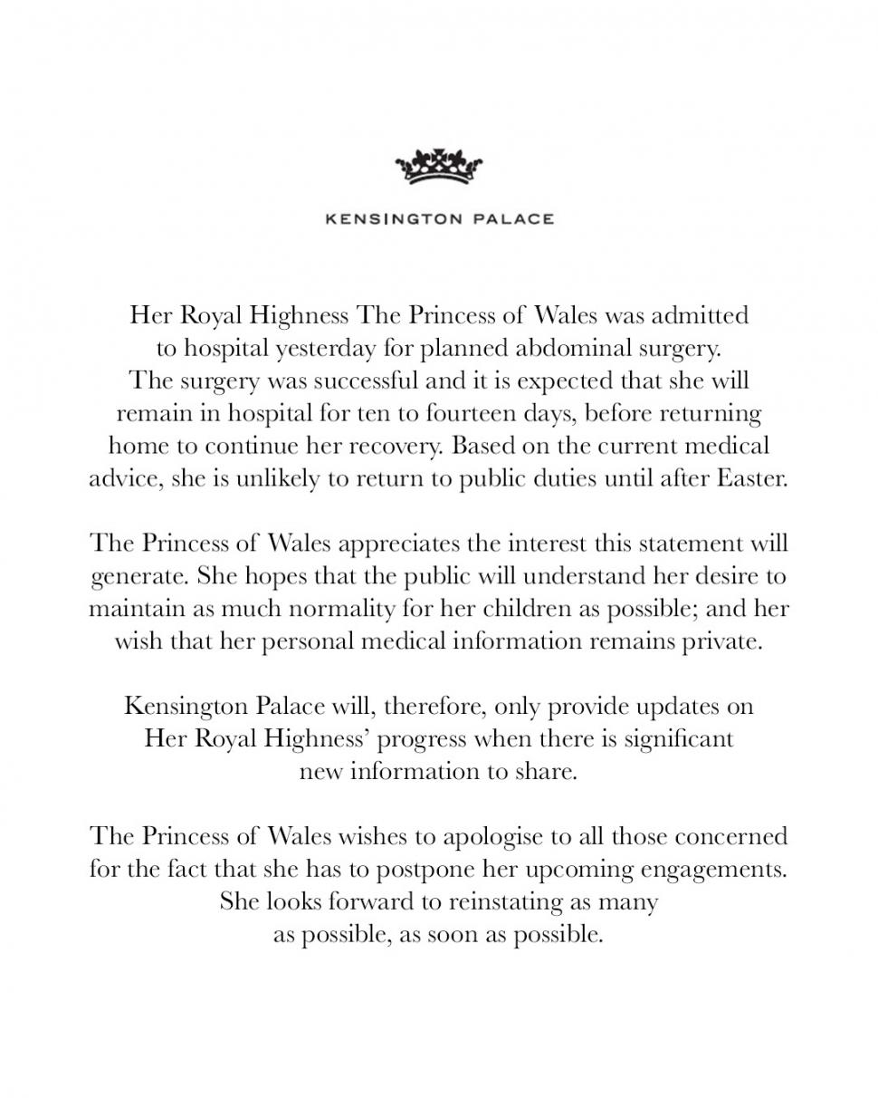 Prințesa de Wales, Kate Middleton, a fost operată la un spital din Londra și va rămâne internată cel puțin 10 zile 881332